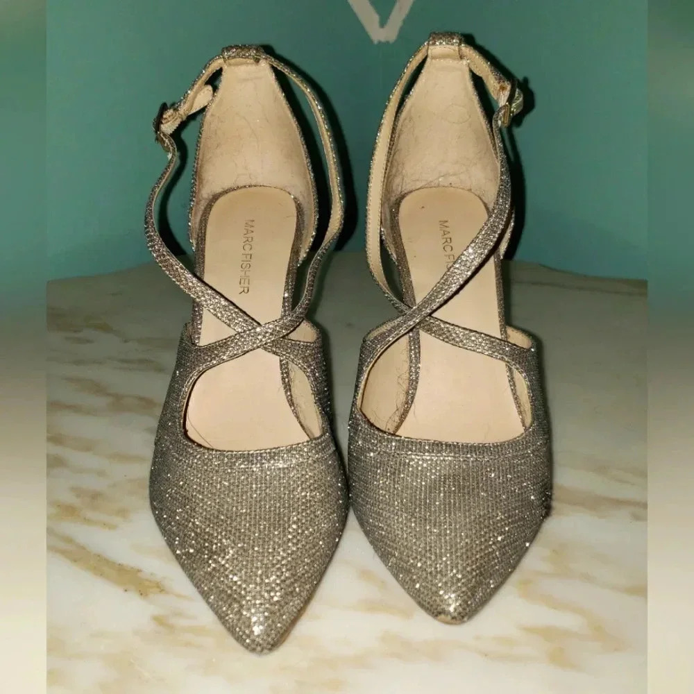 Marc Fisher Glittery Champagne Cross-Strap Pointed Heels